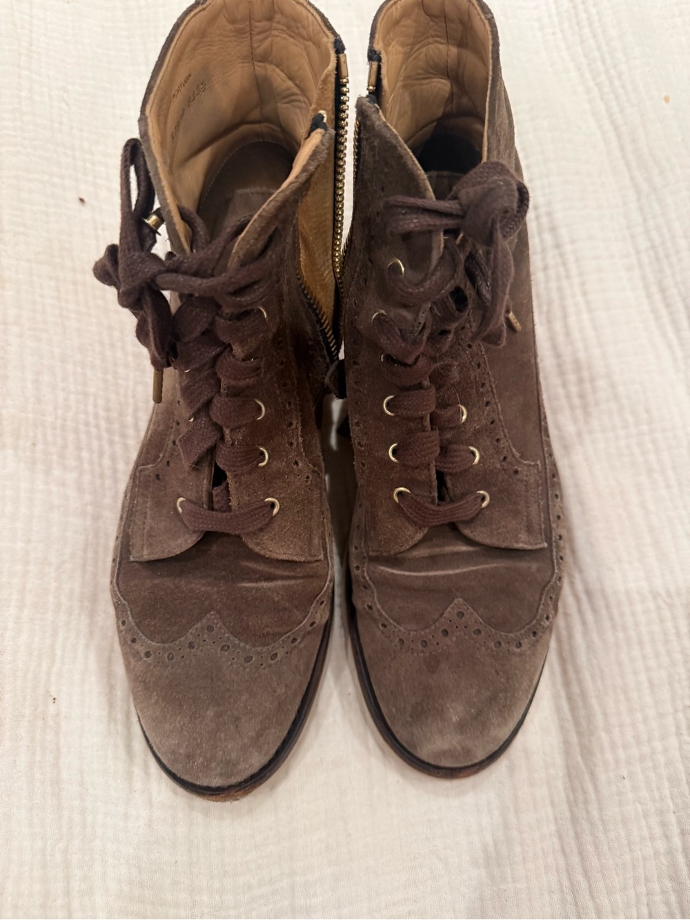 Office of Angela Scott Olive Suede Lace-Up Wingtip Boots brown laces gold accen
